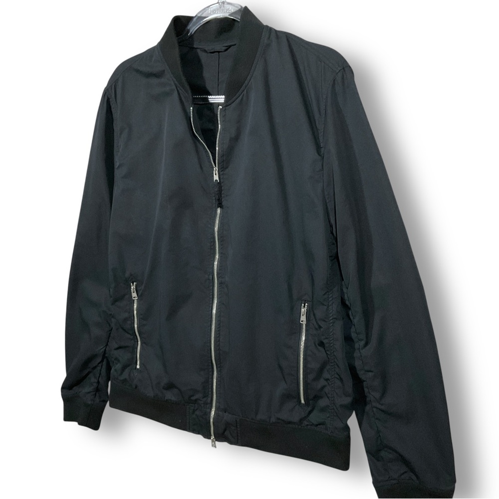 All Saints Mens Bomber Jacket Sz L Lightweight Cotton Moto Black Outdoor - Picture 6 of 13